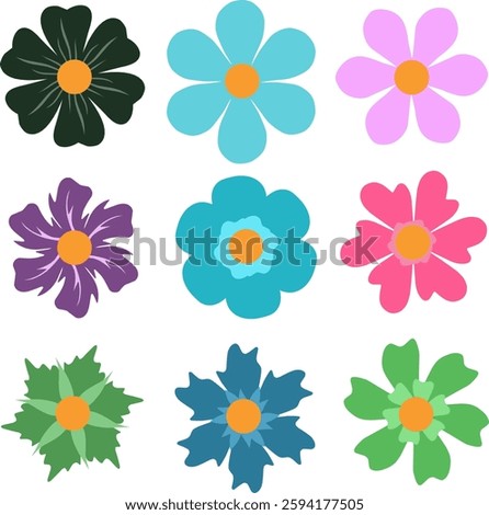 Flat and minimalistic vector illustration featuring nine pastel-colored flowers arranged in a 3x3 grid.