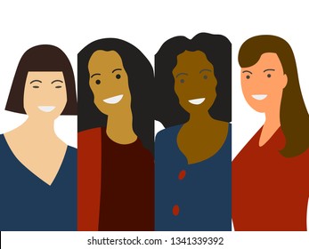 Flat minimalistic vector of woman group: different ethnicity- Caucasian, African, Asian. Diversity concept for 8 International Woman Day. Close-up female portrait