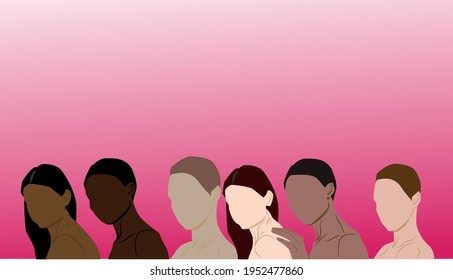 Flat minimalistic vector of woman group: different ethnicity- Caucasian, African, Asian. Diversity concept for International Woman Day. Close-up female portrait