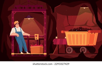 Flat mining composition the worker stands in an elevator in a mine next to the cart filled with mined minerals vector illustration