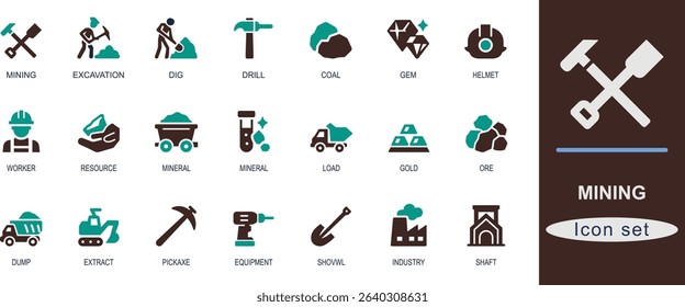 A Flat mining icon set. Featuring excavation, drill, pickaxe, helmet, ore, gem, coal, dump, and resource. Ideal for industry, crypto, and UI design.
