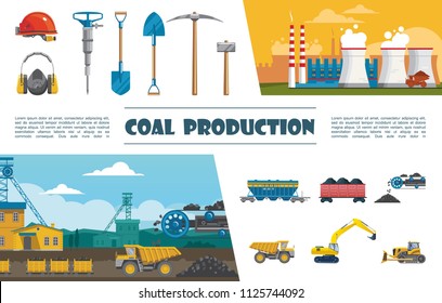 Flat mining industry elements set with helmet drill pickaxe shovel helmet wagon of coal conveyor with coal truck bulldozer excavator industrial plant vector illustration