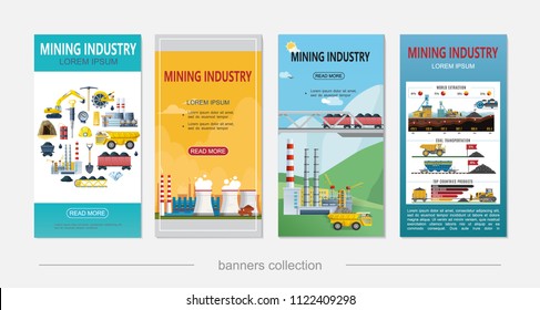 Flat Mining Industry Vertical Banners With Coal Mineral Extraction Dump Truck Industrial Plant Chimneys Labor Tools Excavator Gold Bar Dynamite Helmet Vector Illustration