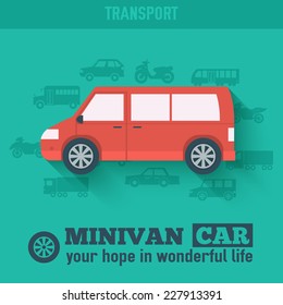 Flat minivan car background illustration concept. Tamplate for web and mobile design