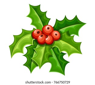 Flat mistletoe decorative. Red berries and green leaves. Christmas ornament. Vector illustration isolated on white background. Web site page and mobile app design