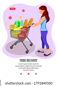Flat mobile app page for order food online.  Woman with grocery cart full of food. Vector illustration.