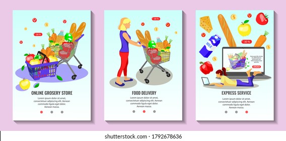 Flat mobile app page set for order food online. Grocery basket and cart, woman with grocery cart, girl with laptop ordering food online. Vector illustration.