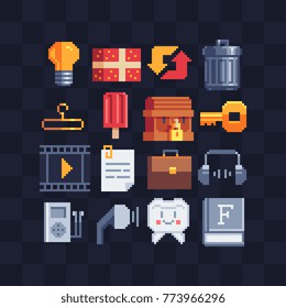 Flat, mobile apps icons. Design for websites. 8-bit sprites. Garbage trash, notes, key, mp3 player, treasure chest and hanger. Game assets. Isolated abstract pixel art vector illustrations set. 