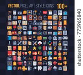 Flat, mobile apps icons. Pixel art  icons set. Office stationery. Internet technology. Gallery of films. Design applications. 8-bit. Game assets. Isolated retro pixel art vector illustrations set. 