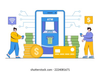 Flat mobile atm Entnahme mit Menschen Charakterkonzept. Rahmendesign-Stil minimale Vektorgrafik für Landing-Page, Web-Banner, Infografiken, Heldenbilder