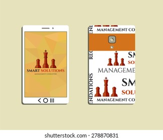 Flat Mobile device and smart phone. Chess Smart solutions design template with management Consulting keywords concept. With company logo. Best for consulting, finance, companies. Vector