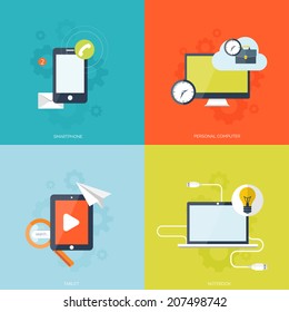 Flat mobile devices set. Computer, laptop, tablet and smartphone icon.Cloud computing.