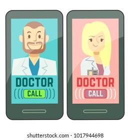 Flat mobile doctor, personalized medicine male and female consultant on smartphone. Vector consultation doctor online, healthcare medical illustration