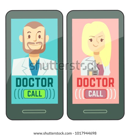 Flat mobile doctor, personalized medicine male and female consultant on smartphone. Vector consultation doctor online, healthcare medical illustration