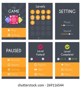 Flat Mobile Game Screens Set. Vector design