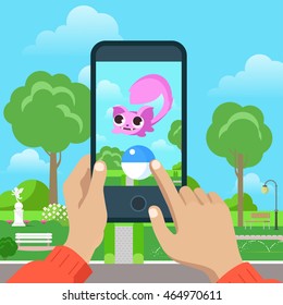 Flat mobile game vector illustration. Smartphone in human hands, catch dragon. MMOG gaming concept.