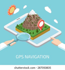 Flat mobile GPS navigation infographic concept isometric. Tablet, digital map paper route pin markers. 