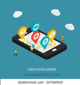 Flat mobile GPS navigation isometric concept. 3D smartphone with street map and pins. Micro people searching objects on map,  vector illustration