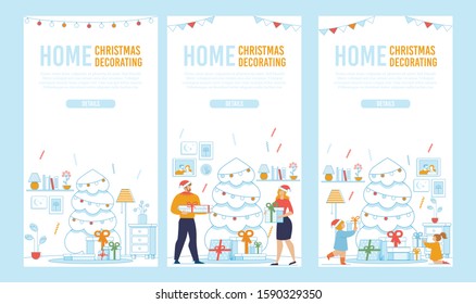 Flat Mobile Landing Page Set for Holidays Preparation. Internet Shopping for Creation Festive Home Interior on Christmas and New Year with Decoration in Smartphone. Vector Cartoon Illustration