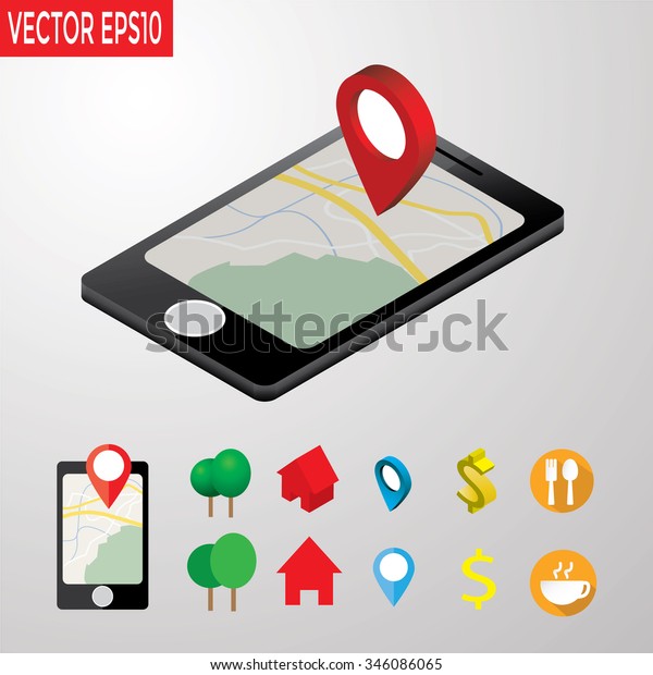 Flat mobile,\
map and pin. 3d isometric\
concept.