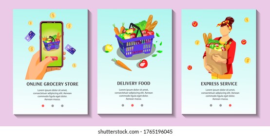 Flat Mobile Page Set For Order Food Online. Hand Holding Mobile Phone With Online Grocery Store App On The Screen, Basket With Food, Woman Carrying Grocery Bag. Vector Illustration.