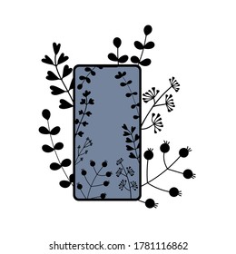 Flat mobile phone icon. Flat cartoon vector with flower elements