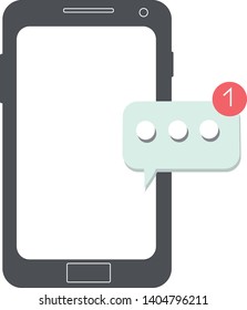 Flat mobile phone with new chat message notification. Black smartphone and chatting bubble on white background. Text new messaging design concept.  