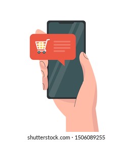 Flat mobile phone notification order illustration. Push notification, internet shop order tracking application. Vector