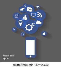 Flat mobile phone vector with social media icons, eps 10