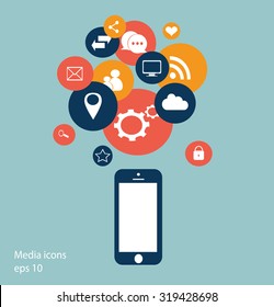 Flat mobile phone vector with social media icons blue, eps 10