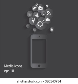 Flat mobile phone vector with social media icons gray,  eps 10