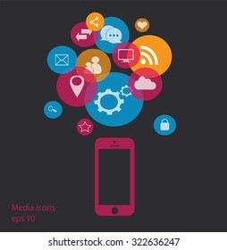 Flat mobile phone vector with social media icons,  eps 10
