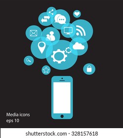 Flat mobile phone vector with social media icons neon eps 10