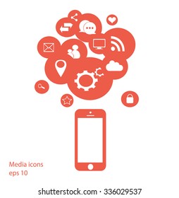 Flat mobile phone vector with social media icons blue,  eps 10