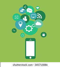 Flat mobile phone vector with social media icons green, eps 10
