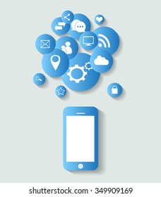 Flat mobile phone vector with social media icons blue, eps 10