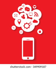 Flat mobile phone vector with social media icons red,  eps 10