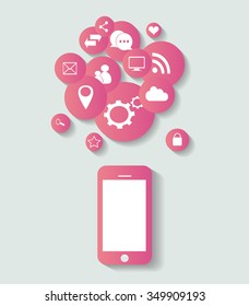 Flat mobile phone vector with social media icons pink,  eps 10