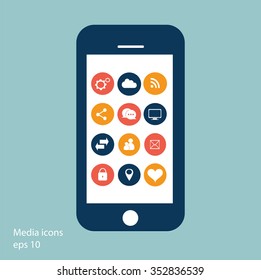Flat mobile phone vector with social media icons blue, eps 10