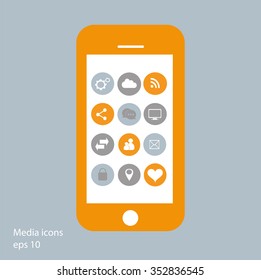 Flat mobile phone vector with social media icons yellow, eps 10