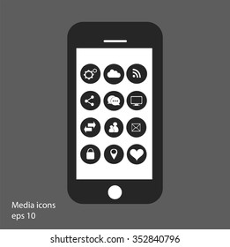 Flat mobile phone vector with social media icons black eps 10