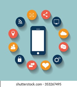 Flat mobile phone vector with social media icons blue, eps 10