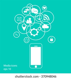 Flat mobile phone vector with social media icons neon, eps 10