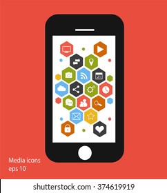 Flat mobile phone vector with social media icons black, eps 10