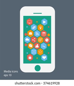 Flat mobile phone vector with social media icons white, eps 10