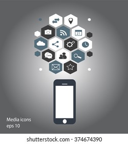 Flat mobile phone vector with social media icons gray 