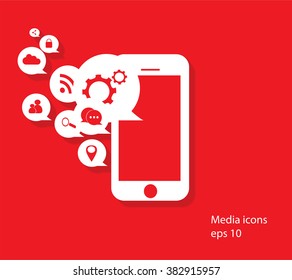 Flat mobile phone vector with social media icons,  eps 10