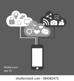Vector de teléfono móvil plano con iconos de los medios sociales y computación en nube, pasos 10