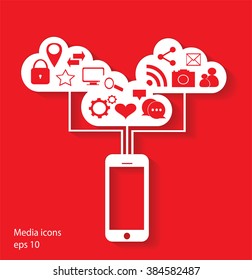 Flat mobile phone vector with social media icons and cloud computing, eps 10