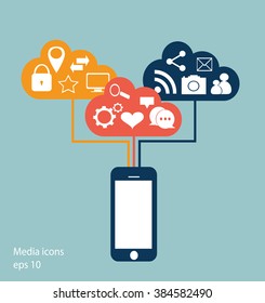Flat mobile phone vector with social media icons and cloud computing, eps 10